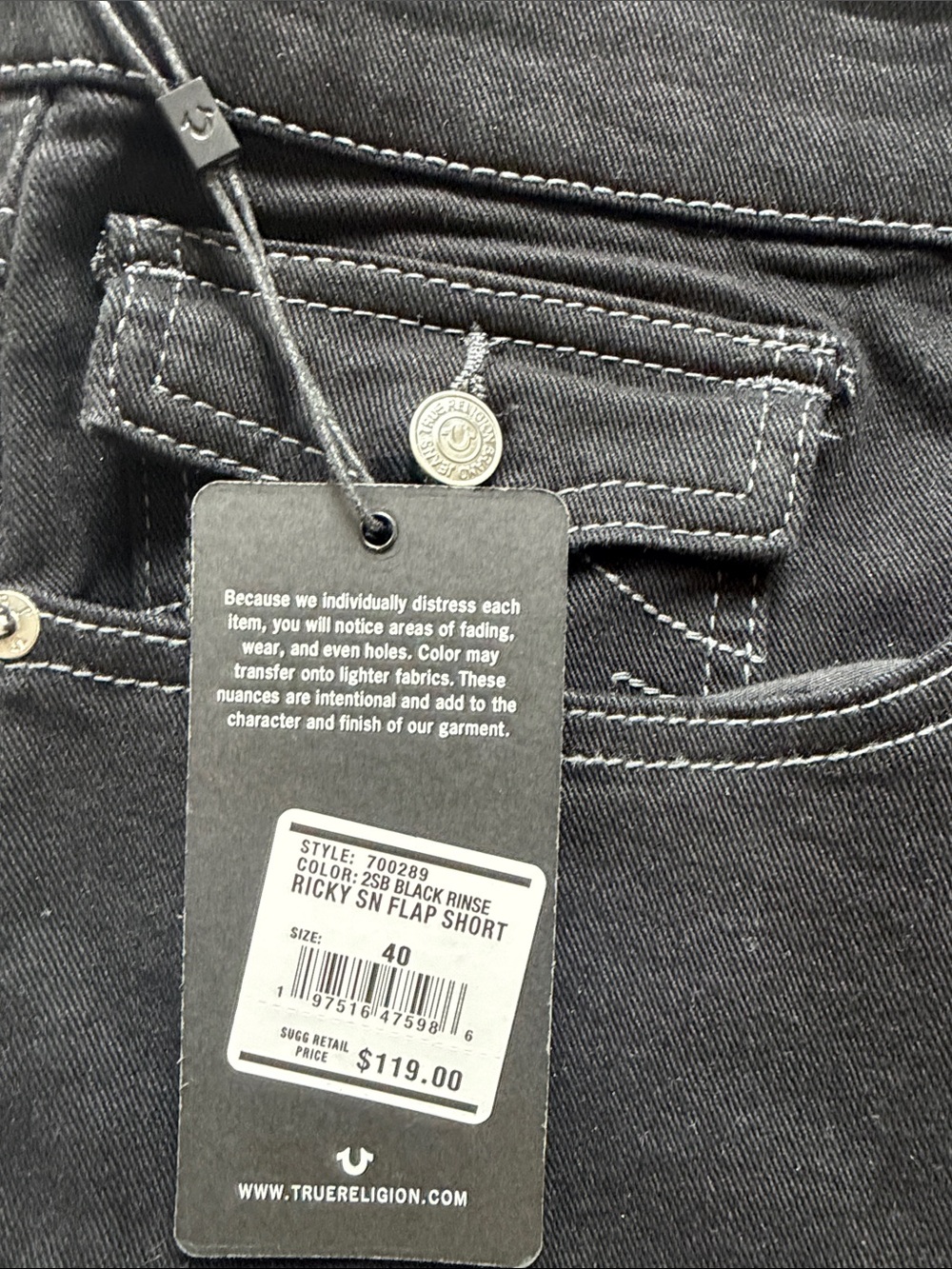 True Religion Men's Ricky Black Denim Jean Flap Pocket Shorts Size 40 NWT - Picture 2 of 5